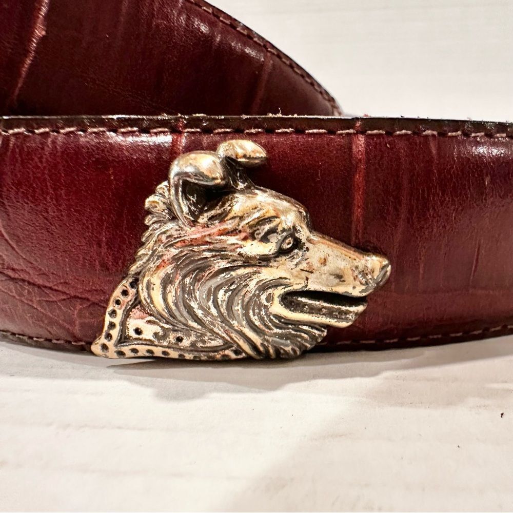Talbots Burgundy Croc-Embossed Leather Belt with Silver Dog Head Accents - Picture 5 of 7